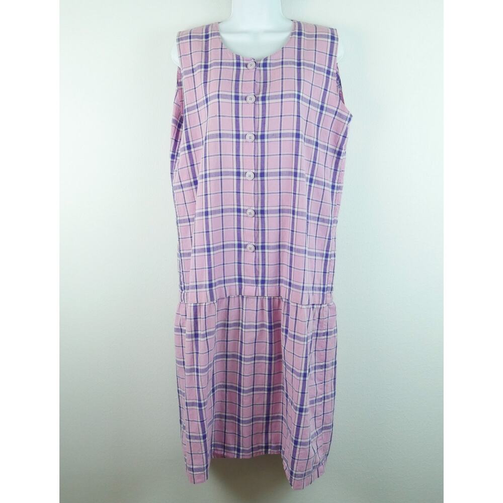 Vintage 80s Drop Waist Cotton Dress Plaid Prairie‎ Country Jumper Granny Preppy